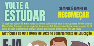 Matrículas abertas para a EJA 1º ao 5º Anos em Cel. Domingos Soares