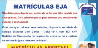 EJA – Educação de Jovens e Adultos Matrículas abertas no Colégio Estadual Dom Carlos