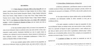 RECENTES CASOS DE VIOLÊNCIA EM AMBIENTE ESCOLAR NOTICIADOS NA MÍDIA NACIONAL E TAMBÉM NOS VEÍCULOS LOCAIS DE COMUNICAÇÃO LEVAM MINISTÉRIO PÚBLICO A EMITIR RECOMENDAÇÃO ADMINISTRATIVA,A QUAL DEVE TER MANIFESTAÇÃO DOS DESTINATÁRIOS EM 48 HORAS