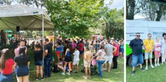 Domingo ensolarado, família no Parque da Gruta e Diversão