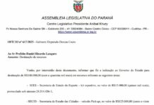 Prefeito recebe indicação de R$ 140 mil para veículo e kit esportivo, fruto de pedido feito por Rodrigo João Pimenta. Ofício foi encaminhado pelo Deputado Estadual Denian Couto, do Podemos Paraná.