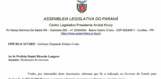 Prefeito recebe indicação de R$ 140 mil para veículo e kit esportivo, fruto de pedido feito por Rodrigo João Pimenta. Ofício foi encaminhado pelo Deputado Estadual Denian Couto, do Podemos Paraná.