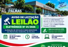 Prefeitura de Palmas realizará leilão eletrônico de veículos, máquinas e bens inservíveis