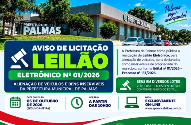 Prefeitura de Palmas realizará leilão eletrônico de veículos, máquinas e bens inservíveis